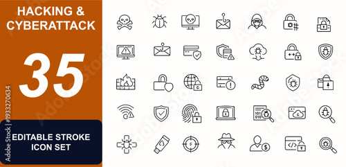 Hacking and Cyberattack web icons in line style. Firewall, ransomware, phishing, malware, password, encryption, network shield, threat detection. Editable stroke. Vector illustration.