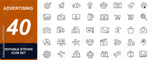 Advertising web icons in line style. Branding, billboard, radio, television, ecommerce, social media, campaign, audience, sales, brochure, print. Editable stroke. Vector illustration.