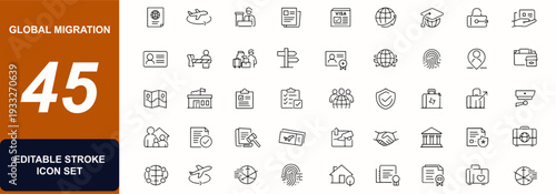 Global migration web icons in line style. Passport, visa, border control, asylum, customs, citizenship, embassy, checkpoint. Editable stroke. Vector illustration.