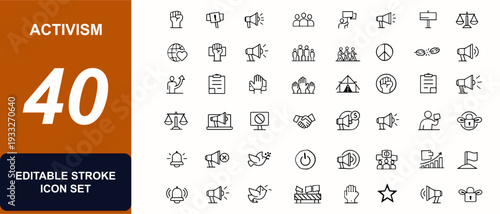 Activism web icons in line style. Megaphone, protest, human rights, advocacy, rally banner, raised fist, grassroots, boycott, equality. Editable stroke. Vector illustration.