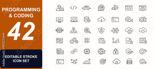 Programming and coding web icons in line style. Developer tools, API integration, cloud server, debugging script, algorithm logic, database workflow. Editable stroke. Vector illustration.