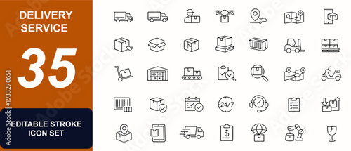 Delivery service web icons in line style. Logistics, parcel tracking, courier route, express truck, ecommerce fulfillment, drone shipping. Editable stroke. Vector illustration.