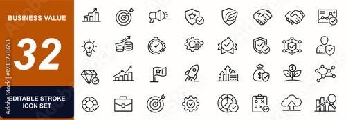 Business value web icons in line style. profit chart, growth, innovation, brand identity, sustainability, leadership, analytics. Editable stroke. Vector illustration.