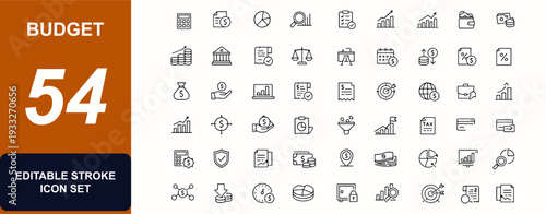 Budget web icons in line style. Finance, calculator, ledger, invoice, tax, coin, chart, audit, revenue, banking. Editable stroke. Vector illustration.