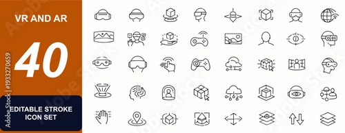 Thin line VR and AR web icons in line style. Hologram control, mixed reality headset, spatial computing, avatar interaction, gaming interface. Editable stroke. Vector illustration.