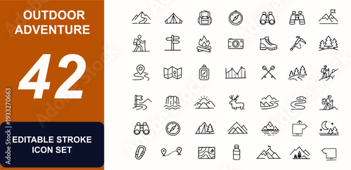 Outdoor Adventure Hiking web icons in line style. Backpack, compass, camping tent, mountain trail, binoculars, summit path, wilderness map. Editable stroke. Vector illustration.