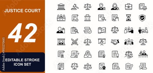Justice court web icons in line style. Gavel, legislation, witness, attorney, courthouse, tribunal, compliance, contract, verdict, evidence, mediation. Editable stroke. Vector illustration.