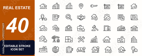 Real estate web icons in line style. Property, mortgage, house, agent, blueprint, lease, investment, apartment, architecture, contract. Editable stroke. Vector illustration.