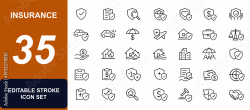 Insurance web icons in line style. Shield, policy management, risk control, health coverage, finance protection, travel safety, home security. Editable stroke. Vector illustration.