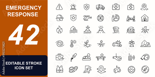 Emergency response web icons in line style. Disaster rescue, ambulance, hazard warning, medical aid, evacuation, safety alert, paramedic. Editable stroke. Vector illustration.