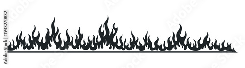 Black flame fire seamless border vector, burning blaze silhouette frame divider, decorative horizontal banner element isolated on transparent background