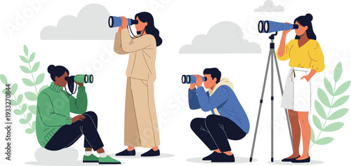 Group of people looking through binoculars and telescope for observation