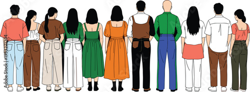 Rear view of a diverse group of people standing in a row