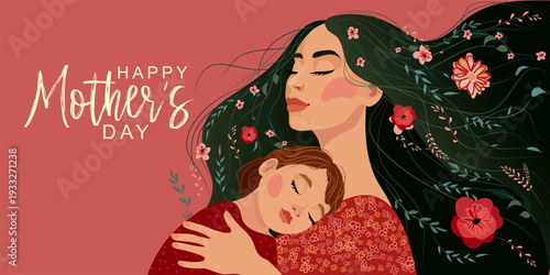 Happy Mother holding baby with flowers in hairs. Mother hugs child, motherhood. Happy Mother's Day greeting card.