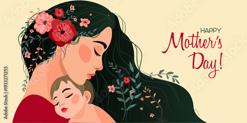 Happy Mother holding baby with flowers in hairs. Mother hugs child, motherhood. Happy Mother's Day greeting card.