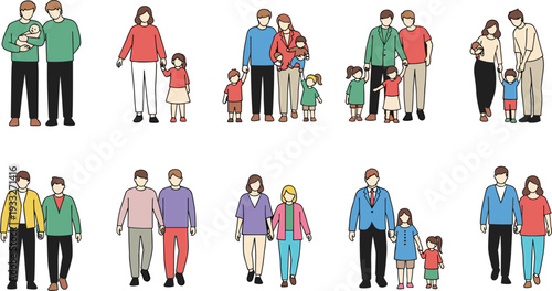 Set of diverse families and couples walking and holding hands