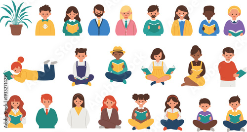 Set of diverse people and children reading books in different poses