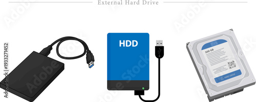 External Hard Drive Vector Illustrations Set With Portable HDD Internal Drive And USB Connectivity