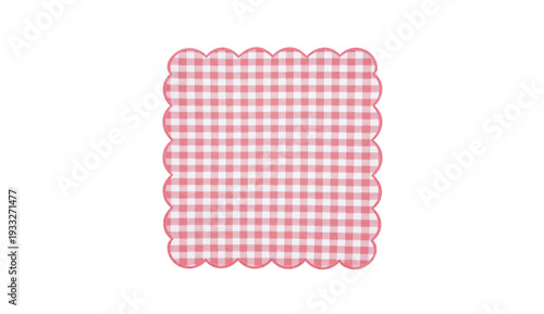 A cute pink and white gingham checkered fabric patch with scalloped edges on transparent background