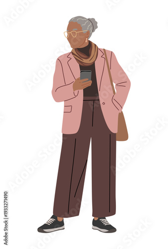 Full-body flat vector illustration of an elderly African-American woman in casual blazer, turtleneck, wide-leg pants, scarf, and sneakers, holding a phone,  isolated on transparent background