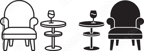 Two black and white armchairs with wine glasses on side tables also transparent background
