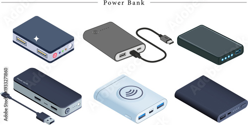 Power Bank Vector Illustrations Set With Six Portable Chargers USB C Ports Wireless Charging And LED Indicators