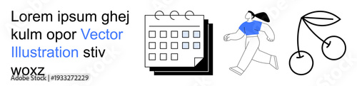 Time management, health goals, nutrition, scheduling, fitness plans, lifestyle. Minimalist calendar, running figure cherry icon. Time management and health goals as for planning and wellness