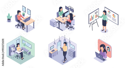 Isometric Office Workers in Various Scenes.