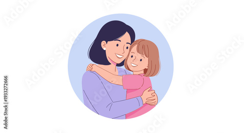 Mother and Daughter Hugging Cartoon Illustration.