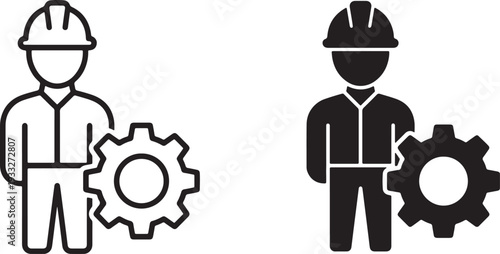 Two simple black and white of a person wearing a hard hat and a gear symbol representing industry and labor also transparent background