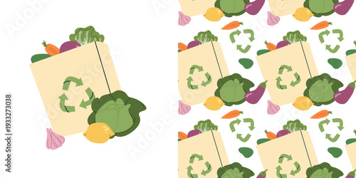 Eco bag with fresh vegetables and grocery products from supermarket. Zero waste lifestyle concept, reusable shopping tote, environmental protection illustration in flat vector style.