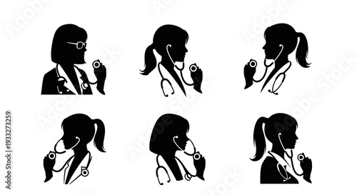 Female Doctor Silhouettes with Stethoscope Profiles.