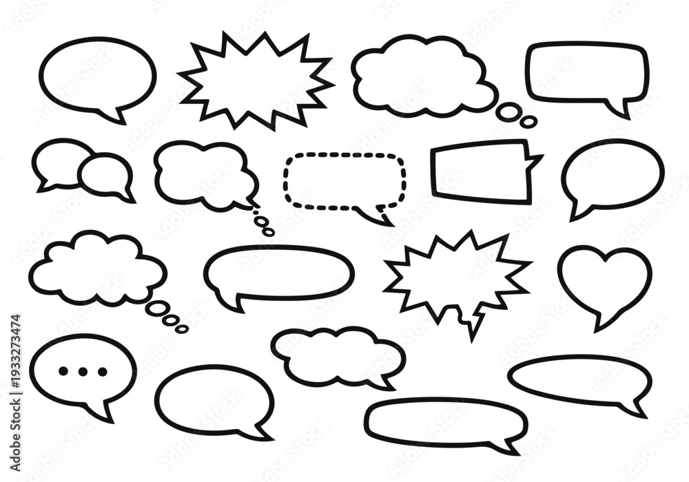 Fototapeta premium Assortment of black and white speech and thought bubble outlines