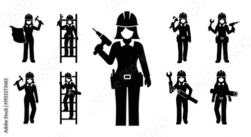 Firefighters in Various Action Poses Silhouettes.