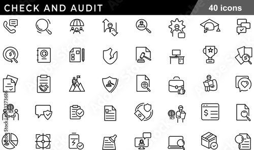 Check and Audit Thin Line Icons Set Quality Assurance, Financial Verification, Legal Compliance, Performance Review and Security Inspection Symbols for Governance