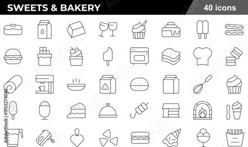 Sweets and Bakery Thin Line Icons Set Confectionery Pastries, Baking Tools, Dessert Shop Items, Culinary Ingredients and Food Service Symbols for Hospitality