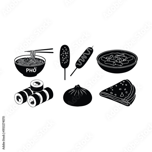 Black and white illustration of various asian food dishes and ingredients