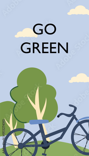 Environment protection poster template, go green, eco transport flyer with bike and nature landscape.
