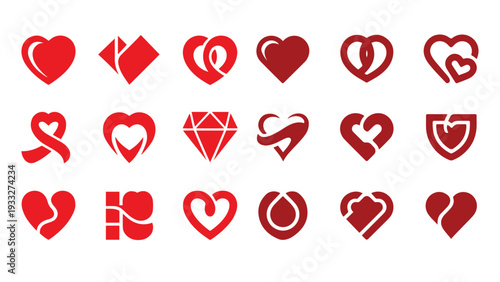 Set of red and white heart icons for Valentine love and romantic holiday design