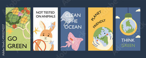 Set of eco posters with slogans. Go green, not tested on animals, planet friendly, think green and clean the ocean. Eco friendly, environment protect cards set in minimalist doodle style.