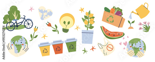 Earth Day, eco friendly cartoon sticker pack. Planet, vegetables in bag, recycle symbol, sort waste, no plastic. Flat minimal eco concept for campaigns and posters.