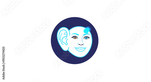 Abstract digital illustration of a human head with glowing ear and face, symbolizing hearing, sensory perception, and cognitive functions.