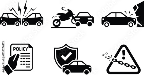 Car accident insurance icons set with collision crash motorcycle impact policy protection warning symbols vehicle safety risk vector collection design