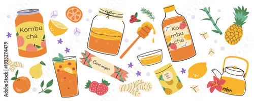 Cartoon kombucha drink stickers set. Fermented tea with hibiscus, honey and ginger, plus pineapple, orange, lemon and cane sugar flavors. Healthy probiotic beverage doodle vector isolated on white.