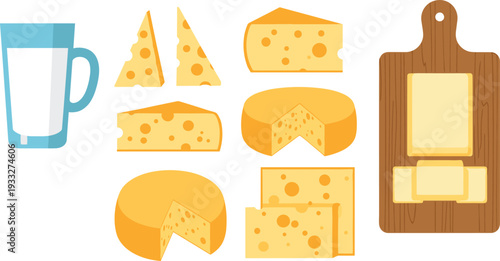Cartoon vector illustration of assorted cheese varieties with milk glass, dairy food collection, nutrition concept, gourmet cheese assortment, healthy eating design.