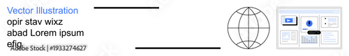Online connectivity, global communication, web design, digital technology, modern interfaces, tech innovation. Globe icon and layout of digital screens. Online connectivity and global communication