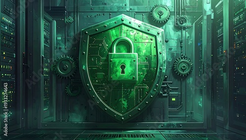 A digital rendering features a large green shield with a padlock, set against a server room backdrop