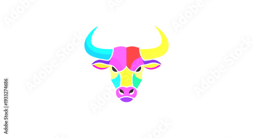 Vibrant abstract bull head illustration with colorful geometric shapes. Modern graphic design of an ox or Taurus symbol on white.