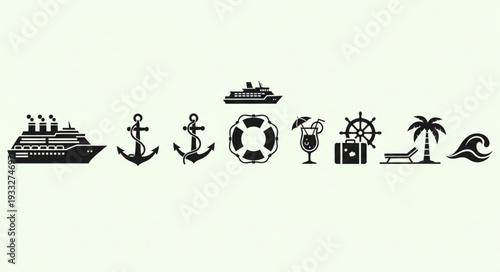 Collection of nautical and travel icons representing vacation and adventure.