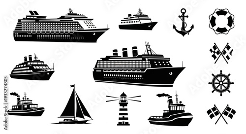 Collection of various nautical vessels and maritime symbols in monochrome style.